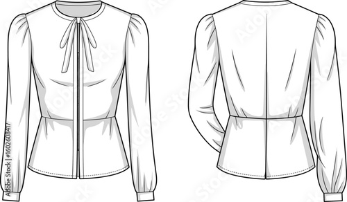 CAD drawing flat vector illustration, elegant blouse design, bow neckline, long sleeves, front and back view, fashion sketch, garment 