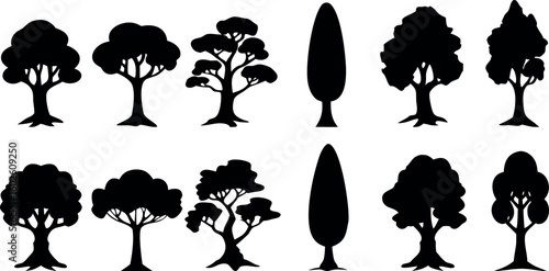 Collection of Different Silhouette Trees, Forest Elements for Landscape