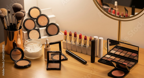 Full set of face and lip makeup products styled with a mirror and decorative white roses. Perfect for feminine editorial or promotional visuals