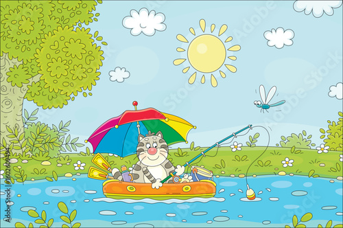 Funny grey-striped cat fisherman sitting in its inflatable boat with a fishing-rod and catching small fishes in a pretty small lake in countryside on fun summer vacations, vector cartoon illustration