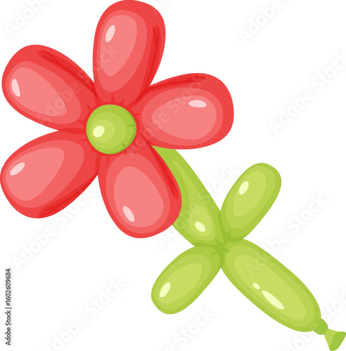 Festive balloon flower featuring vibrant red petals and a lively green stem, bringing a whimsical touch of joy to celebrations, parties, and special events, enhancing the atmosphere beautifully