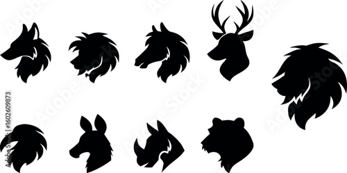 Collection of Minimalist Animal Head Silhouettes, Featuring Lion, Wolf