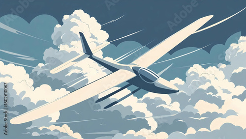 Soaring Glider in the Clouds: A sleek glider effortlessly glides through a vast expanse of clouds, creating a serene scene of freedom and adventure. Generative AI