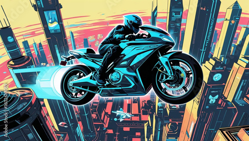 Cyberpunk Rider in City: A futuristic cityscape, depicted in vibrant, dynamic lines, serves as the backdrop for a lone motorcycle rider cruising swiftly through the air, Generative AI