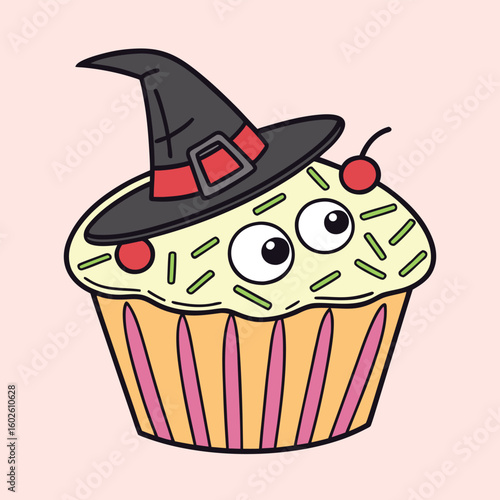 Cartoon cupcake with witch hat and eyes on pink background illustration