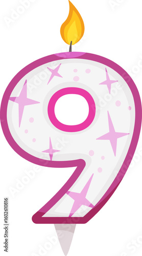 Number nine pink birthday candle with lit flame and decorative stars burning brightly for a ninth birthday celebration, anniversary, or special occasion