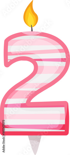 Pink number two candle burning brightly with a cheerful yellow flame on a clean white background, perfect for celebrating a second birthday or anniversary with joy and festivity