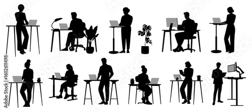 Flat vector illustration set of black silhouettes showing people working at standing and sitting desks with laptops, monitors, office plants, modern workstations. Isolated on transparent background.