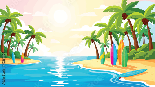 Tropical island paradise: palm trees on a summer beach with ocean, sand, and sky