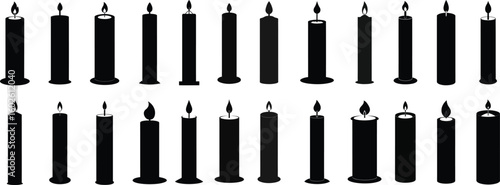 Set of Candle Silhouettes with Flickering Flames Holiday Celebrations and Spiritual Practices