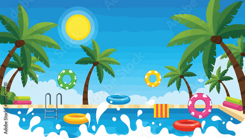 Tropical summer paradise with palm trees on a sandy beach, ocean waves, and a clear sky, perfect for a relaxing vacation