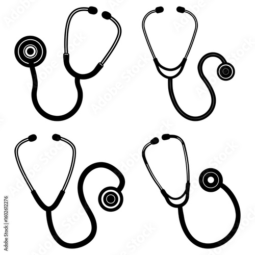 Four stethoscopes in black and white showcasing medical equipment for healthcare diagnostics and examinations