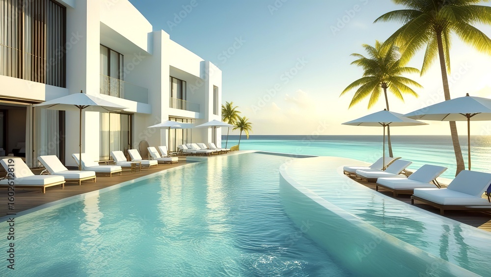 Fototapeta premium Sunny, tranquil modern luxury home showcase patio with hanging seats and infinity pool with ocean view