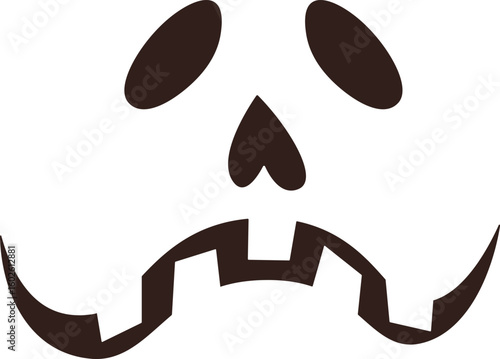 Simple, minimalist illustration of a sad carved pumpkin face, representing negative emotions associated with Halloween, creating a spooky and melancholic atmosphere