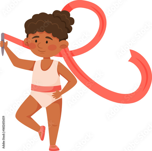 Smiling dark skinned girl in a leotard practices rhythmic gymnastics with a colorful ribbon, performing exercises that embody the spirit of children s sports and active lifestyles