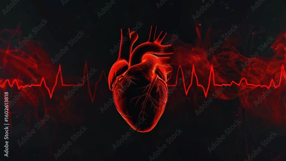 Close-up of a red heart showing heartbeat and pulse on a medical monitor. Concept for health, anatomy, and the importance of blood circulation in human life support.