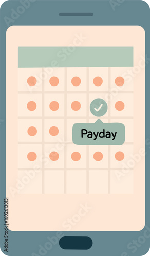 Payday Reminder.Calendar app on phone with payday marked, designed in soft pastel tones.