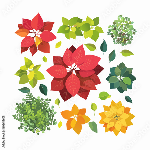 An overhead view of various colorful plant illustrations, showcasing different shapes, sizes, and vibrant hues, perfect for decorative design.