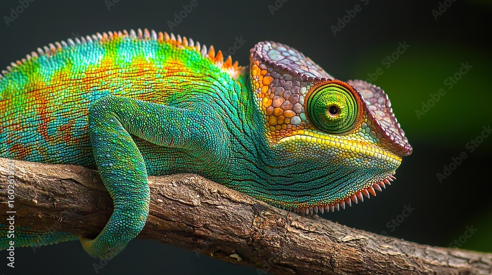 Obraz premium Detailed shot of a chameleon's long, prehensile tail coiled around a branch, grip