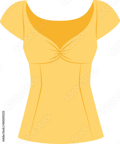 Yellow elegant blouse with short sleeves and sweetheart neckline featuring a twist detail at the center, perfect for summer or special occasion, isolated on white background