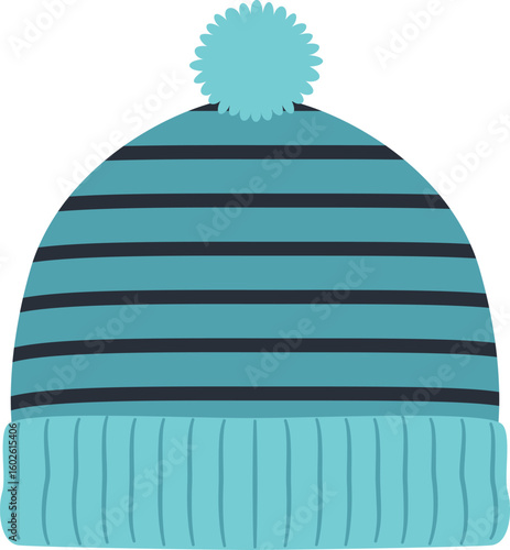 Knitted winter hat with horizontal stripes and ribbed brim providing warmth and style during cold weather, featuring a playful pompom on top, isolated on a white background