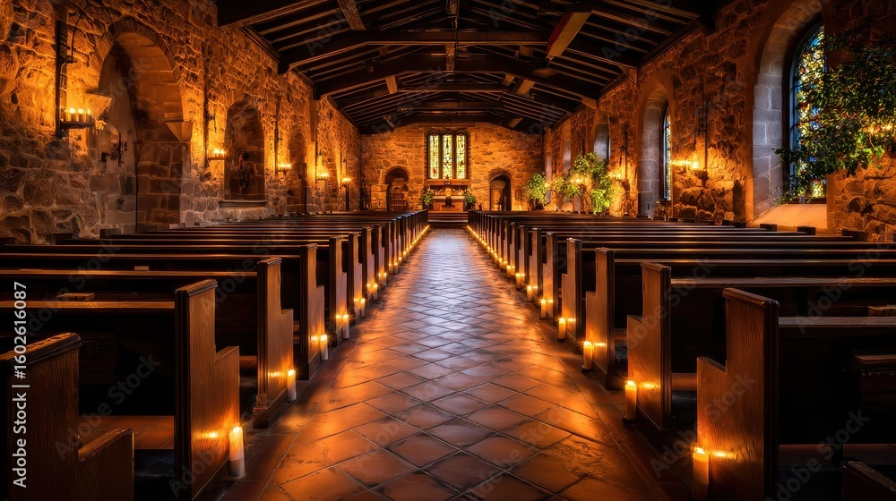 Fototapeta premium Serene interior of a historic chapel with candlelit pews and stained glass windows