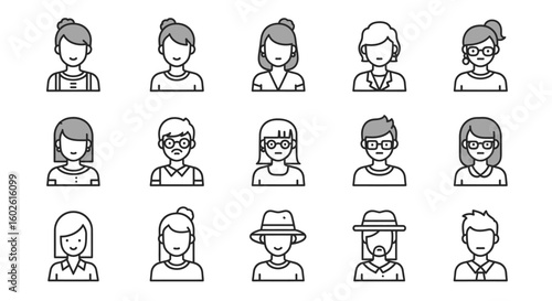 Diverse people avatar icons representing various genders, ages, and styles for modern projects