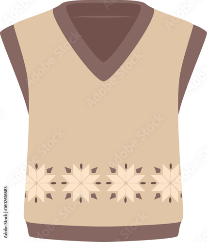 Warm wool sleeveless sweater featuring a v neck design, adorned with brown edges and a charming pattern of stylized snowflakes, perfect for embracing winter s chill