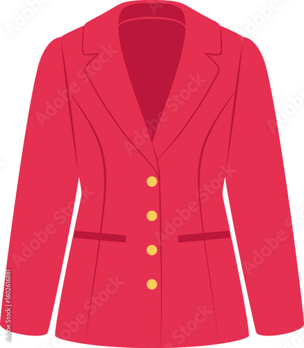 Red elegant blazer with golden buttons and pockets isolated on white background represents fashion, style, elegance, and formal wear, suitable for business, office, or special occasions