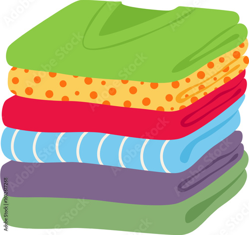 Pile of folded colorful clothes, including sweaters, shirts, and towels, forming a neat stack isolated on a white background, representing organization and tidiness