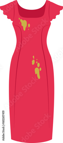 Stains marring a vibrant red dress, illustrating the challenges of laundry and cleaning clothes after an unfortunate mishap during lunch or dinner