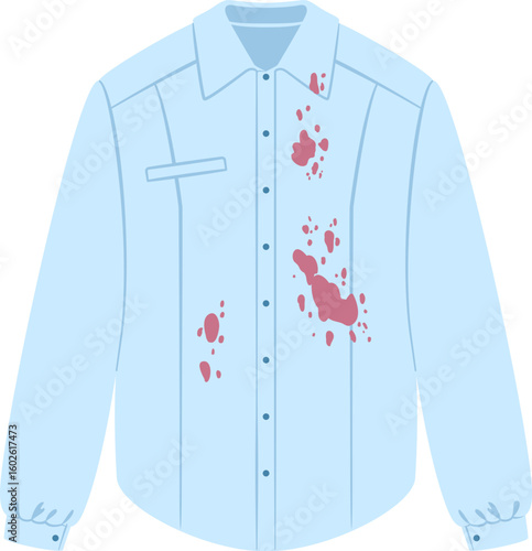 Red sauce or ketchup staining a light blue shirt creates a chaotic mess, highlighting the challenge of dealing with dirtiness and the pressing need for laundry