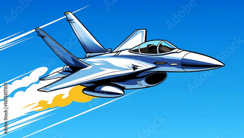 Airborne Assault: An image of a sleek jet fighter, soaring through a brilliant blue sky. The aircraft's powerful engine is leaving a vibrant trail in its wake, adding dynamic element. Generative AI