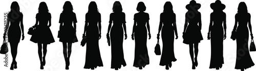 Fashionable women walking in stylish outfits, silhouette illustration, trendy dresses and accessories, black and white modern design, chic runway concept