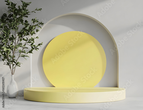 Minimalist product display with pastel yellow platform and plant.