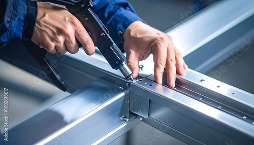 Metal framing assembly.  Worker using a fastener tool