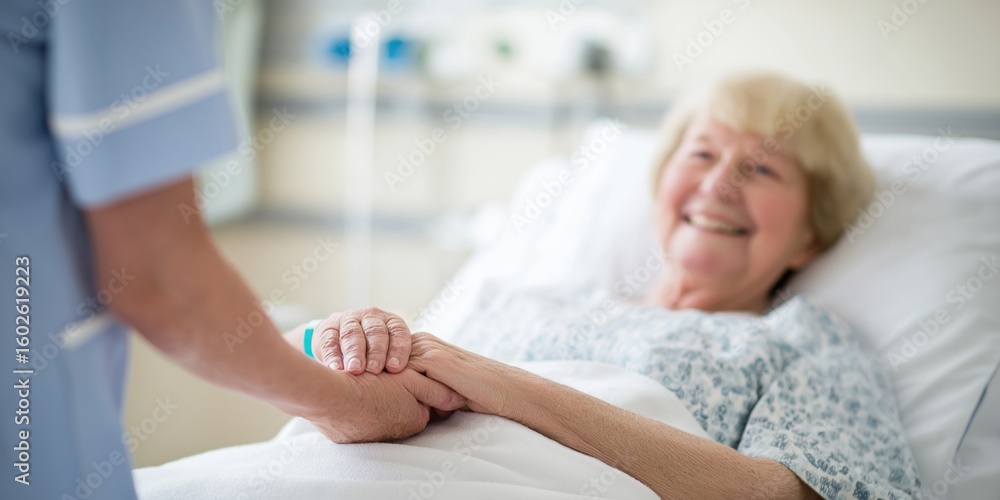 Fototapeta premium Caring nurse smiles while holding the hand of a senior patient in a hospital setting.