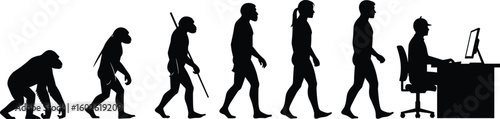 Human evolution silhouette, progression from primates to technology users, historical development, adaptation, computer user, timeline concept, anthropology, transformation