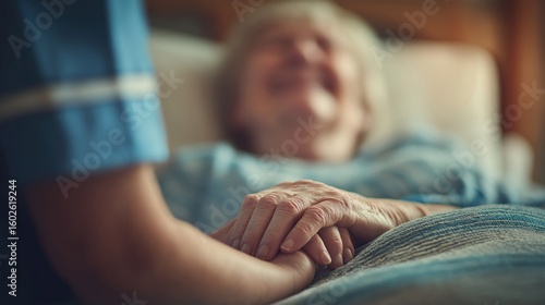 Caring nurse gently holds the hand of a smiling senior patient in a warm, comforting environment.