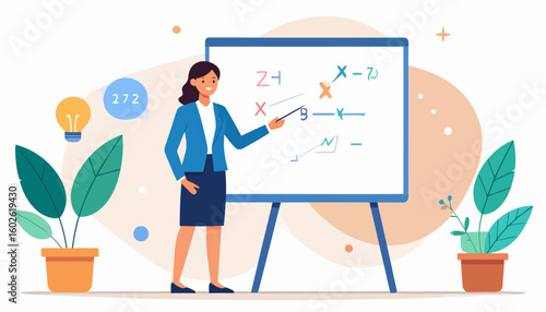 Smiling businesswoman in a blue suit presenting a strategy on a whiteboard with a pointer.