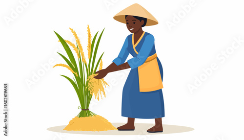 Smiling female farmer with dark skin in a conical hat harvesting golden rice stalks.