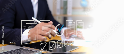 Fotografía Permit approval digital concept with document icon, checkmark, and modern interface