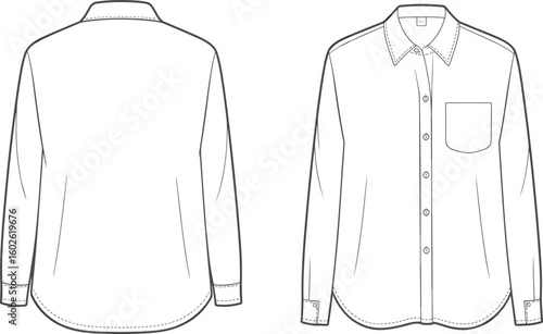 CAD drawing flat vector illustration, classic shirt design, long sleeve button-up, front and back view, fashion sketch, sewing templateCAD drawing flat vector illustration, classic shirt 
