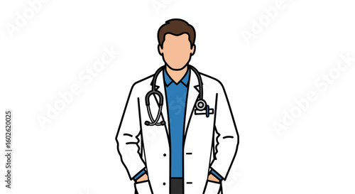 Male doctor in a white lab coat with a stethoscope. Healthcare and medical concept vector illustration.