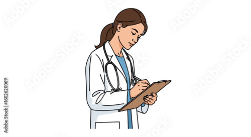 A female doctor in a lab coat with a stethoscope is writing medical records on a clipboard. Professional healthcare illustration.