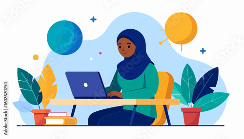 Flat illustration of a smiling Muslim woman in a blue hijab working on a laptop at a desk.