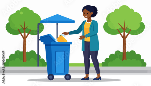 Smiling woman with dark hair in a teal cardigan throwing trash into a blue public bin.