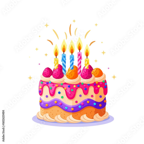 Happy Birthday Cake with Candles and Sweet Decorations