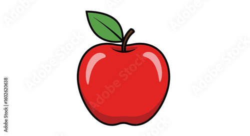 Vibrant red apple fruit illustration with a single leaf, isolated on white. A symbol of healthy eating.