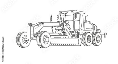 Outline drawing of a powerful motor grader, isolated on white background. Construction machinery vector illustration.